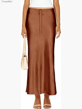 Maxi Skirt Drawstring Flared A-Line Long Satin Casual Spring Summer
